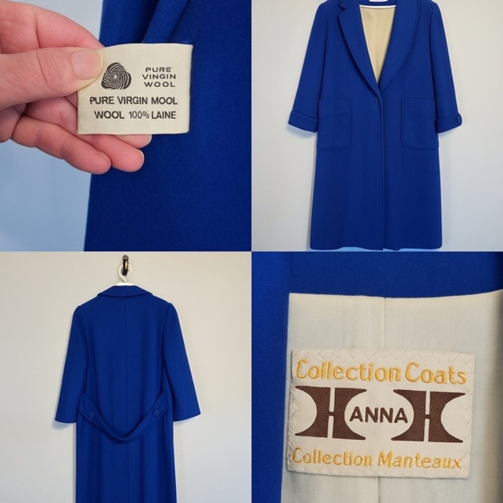 Vtg Royal Blue Wool Coat Anna Collection Pure Virgin Wool Long 80s Size M Canada